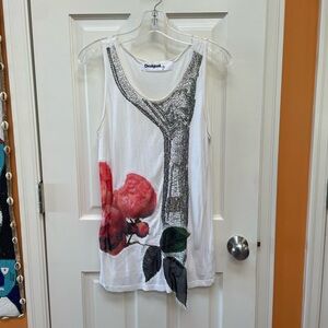 Desigual White Tank Top with Red Floral and Silver Accents